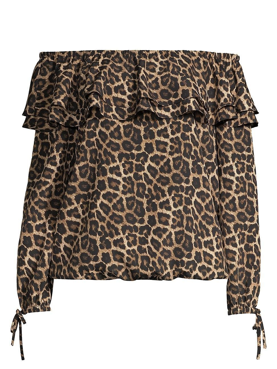 MICHAEL Michael Kors Leopard Print Layered Ruffle Off-the-Shoulder Long Sleeve Top Product Image