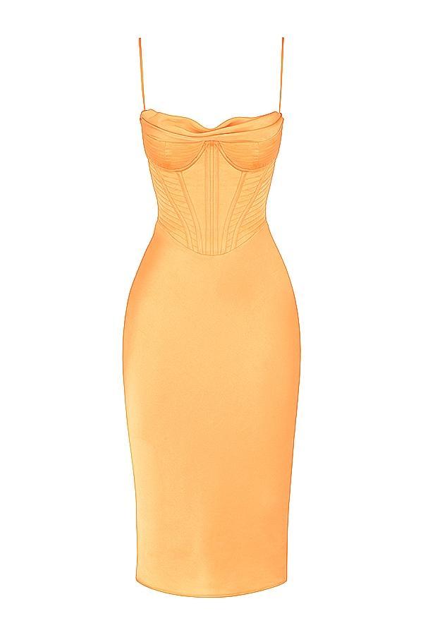 Myrna Tangerine Satin Corset Midi Dress Product Image