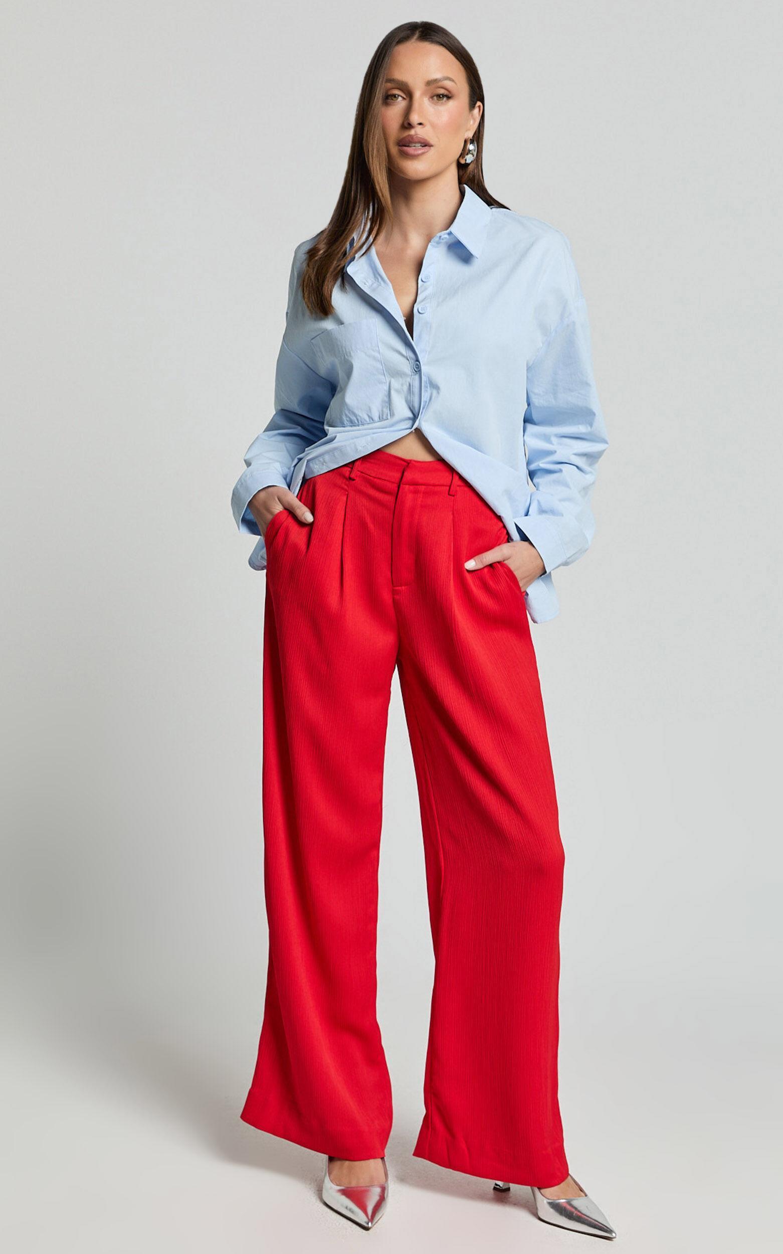 Jacie Pants - High Waisted Relaxed Textured Pants in Red Product Image