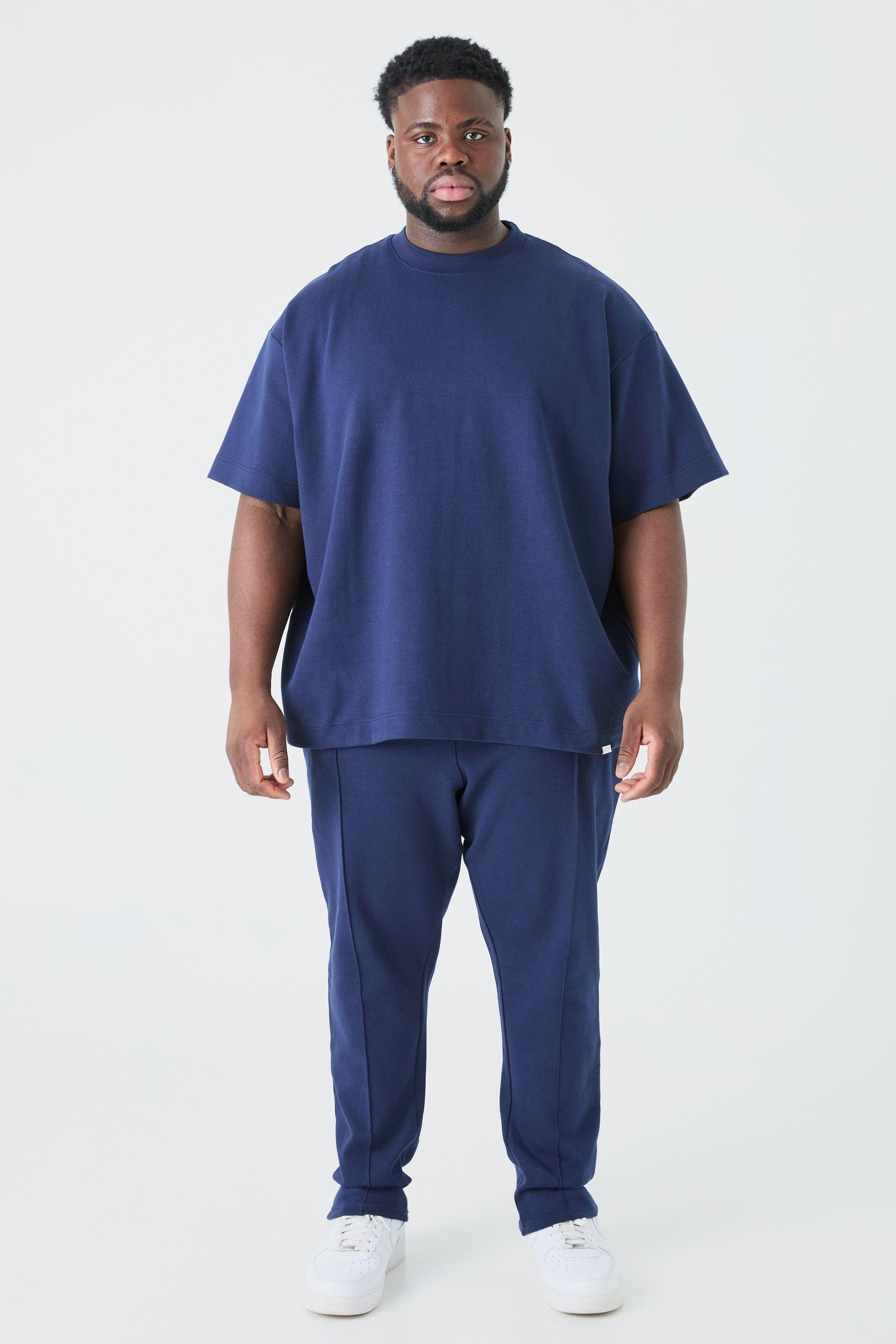 Mens Navy Plus Oversized T-shirt & Taper Jogger Interlock Set, Navy Product Image