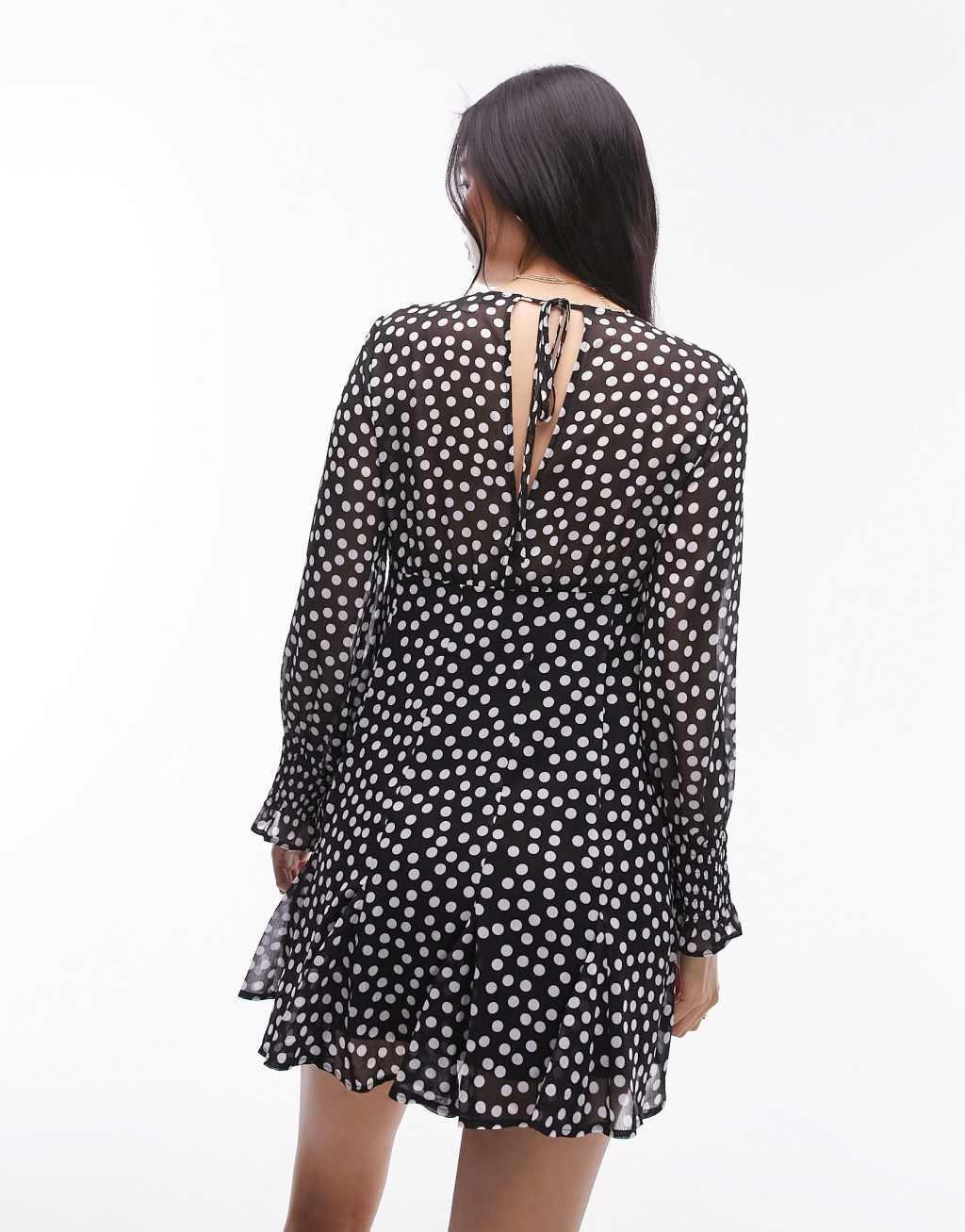 Topshop long sleeve godet mini tea dress in mono spot Product Image