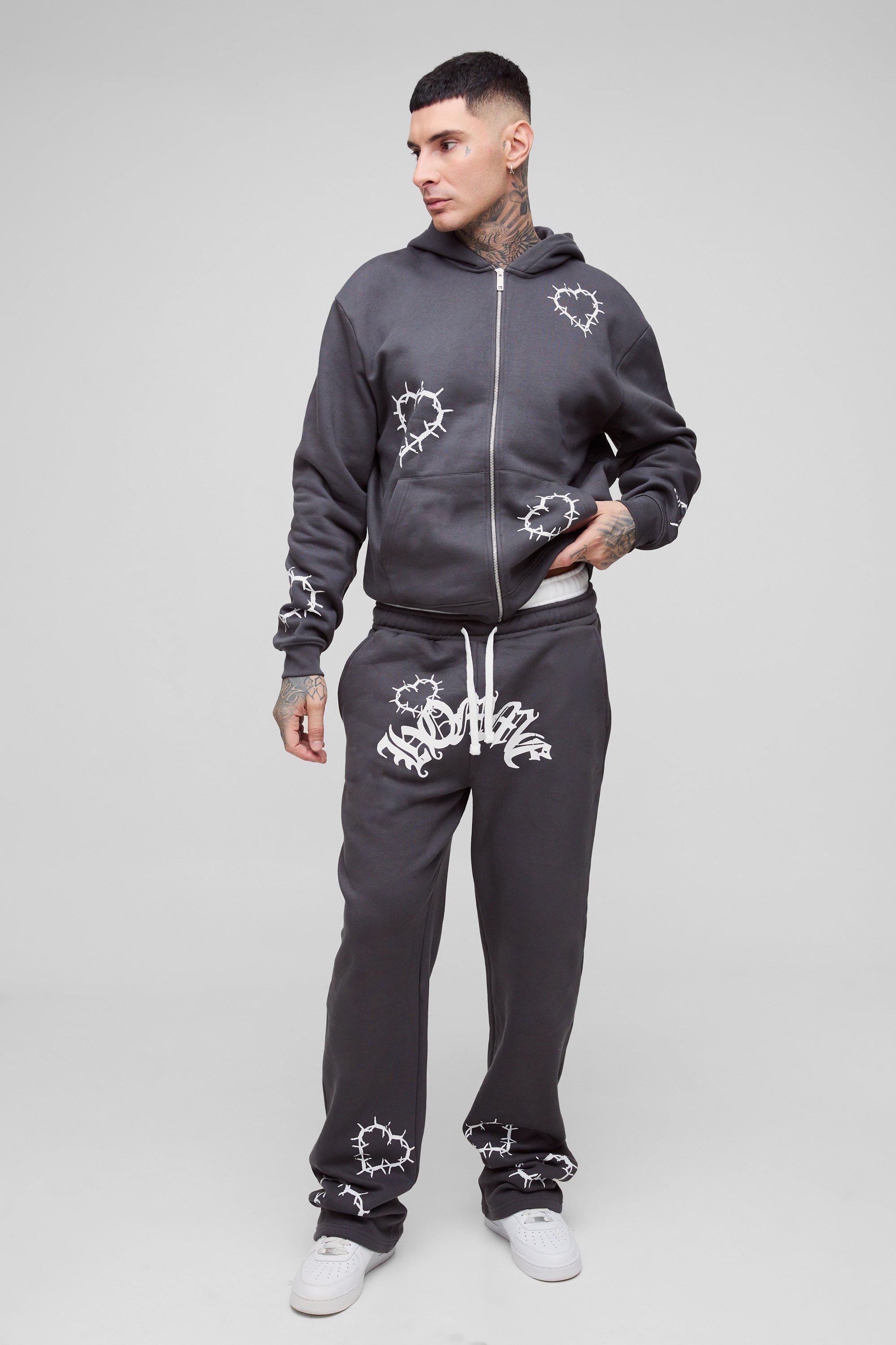 Tall Oversized Boxy Heart Print Zip Hooded Double Waistband Tracksuit | boohooMAN USA product image