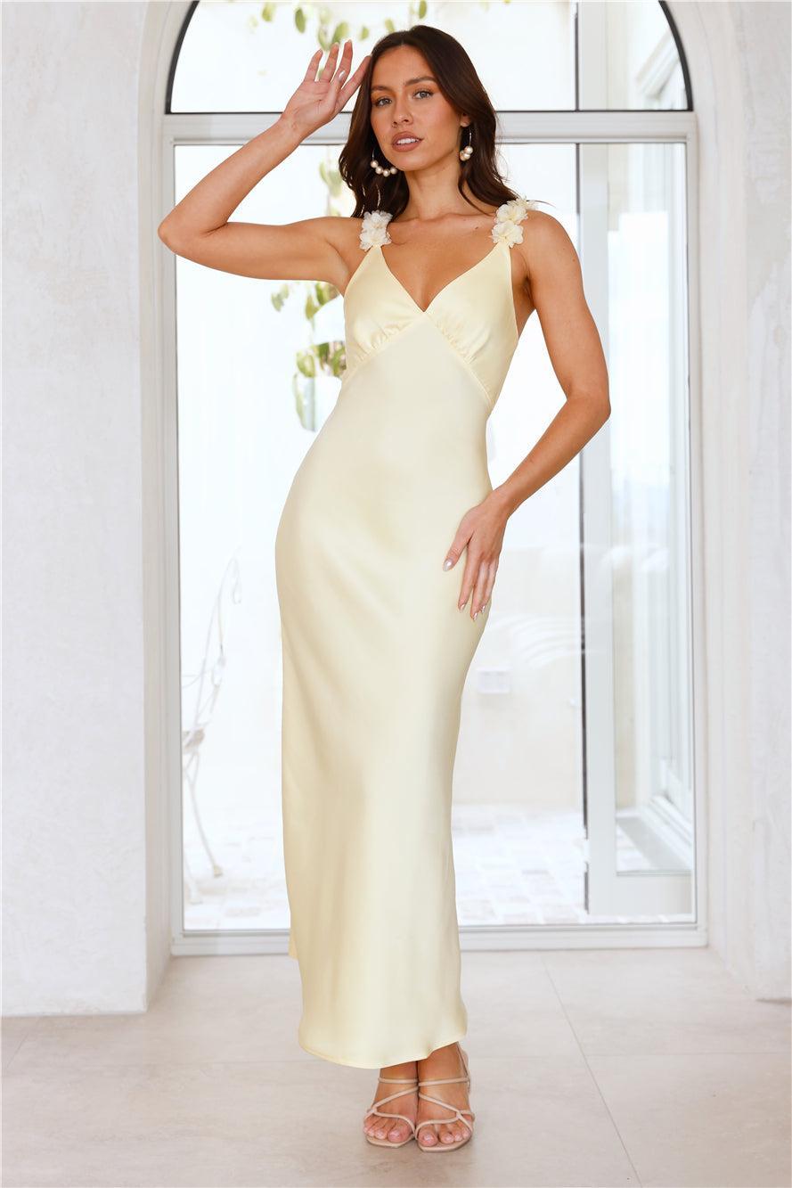 Silken Twilight Satin Maxi Dress Yellow Product Image