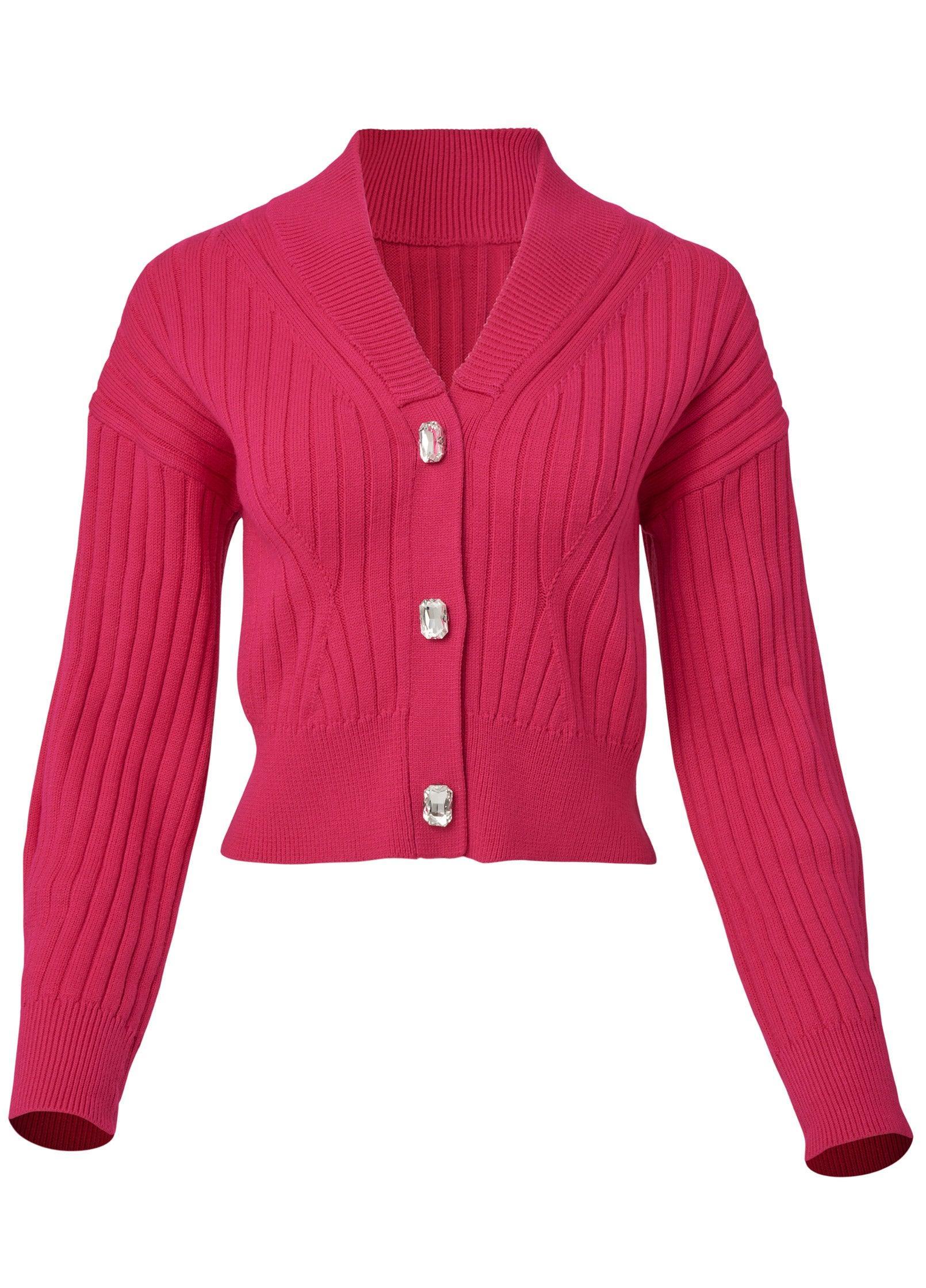 Bejeweled Button Cardigan  - Hot Pink Product Image