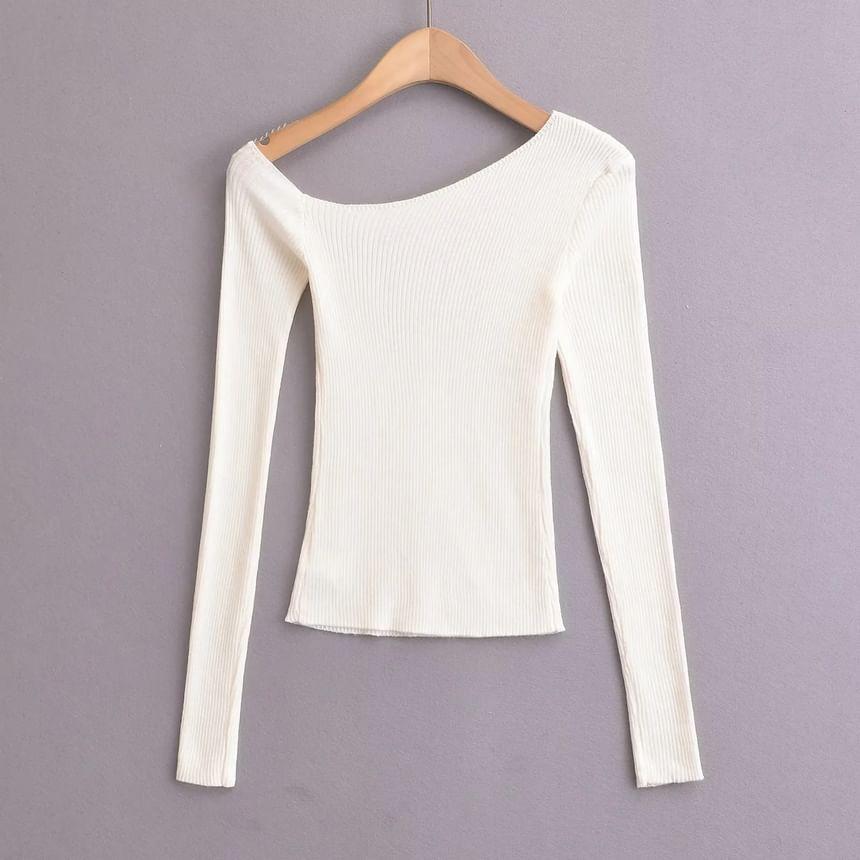 Long Sleeve One Shoulder Plain Ribbed Knit Top Product Image