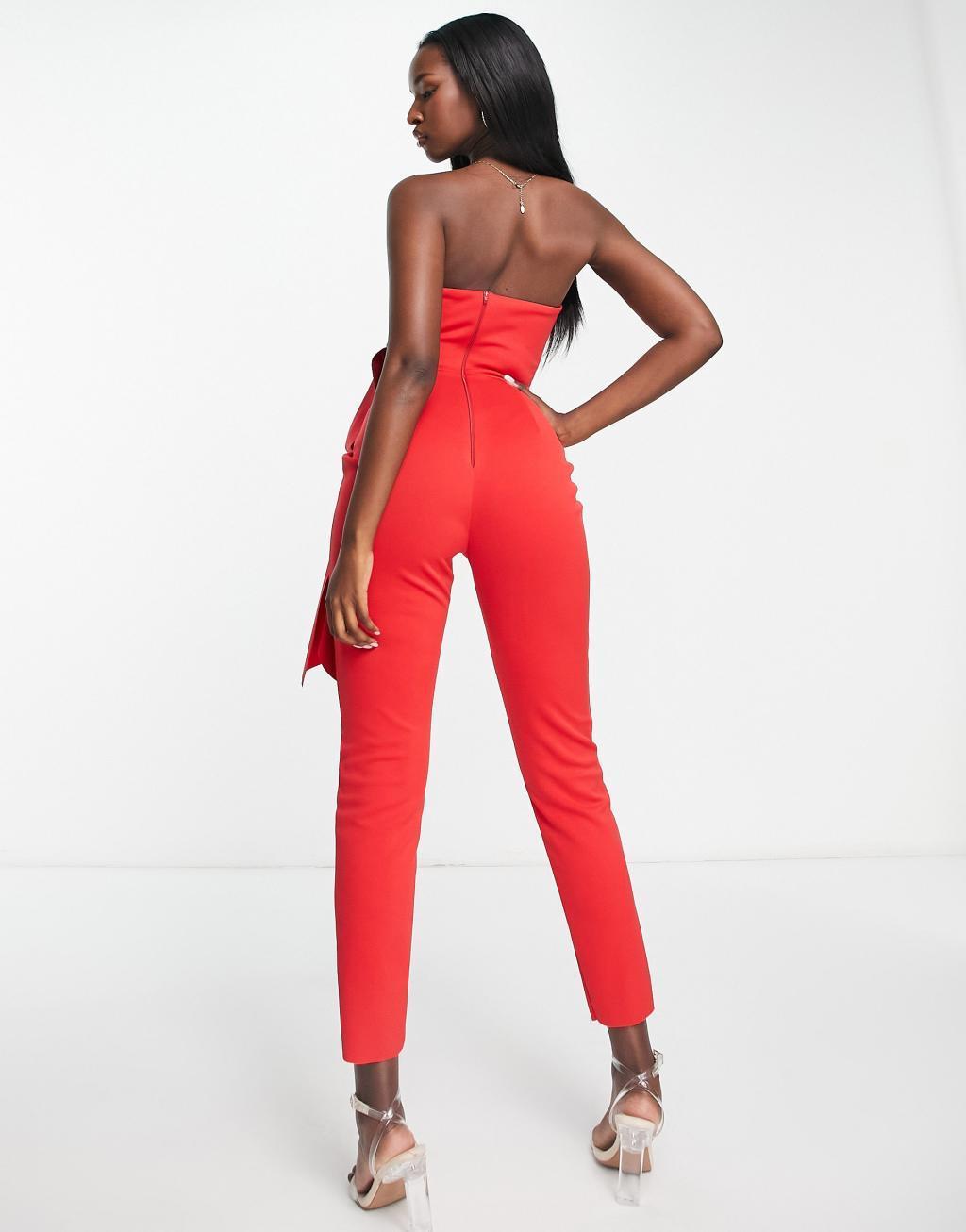 ASOS DESIGN scuba plunge bandeau jumpsuit with bow detail in red Product Image