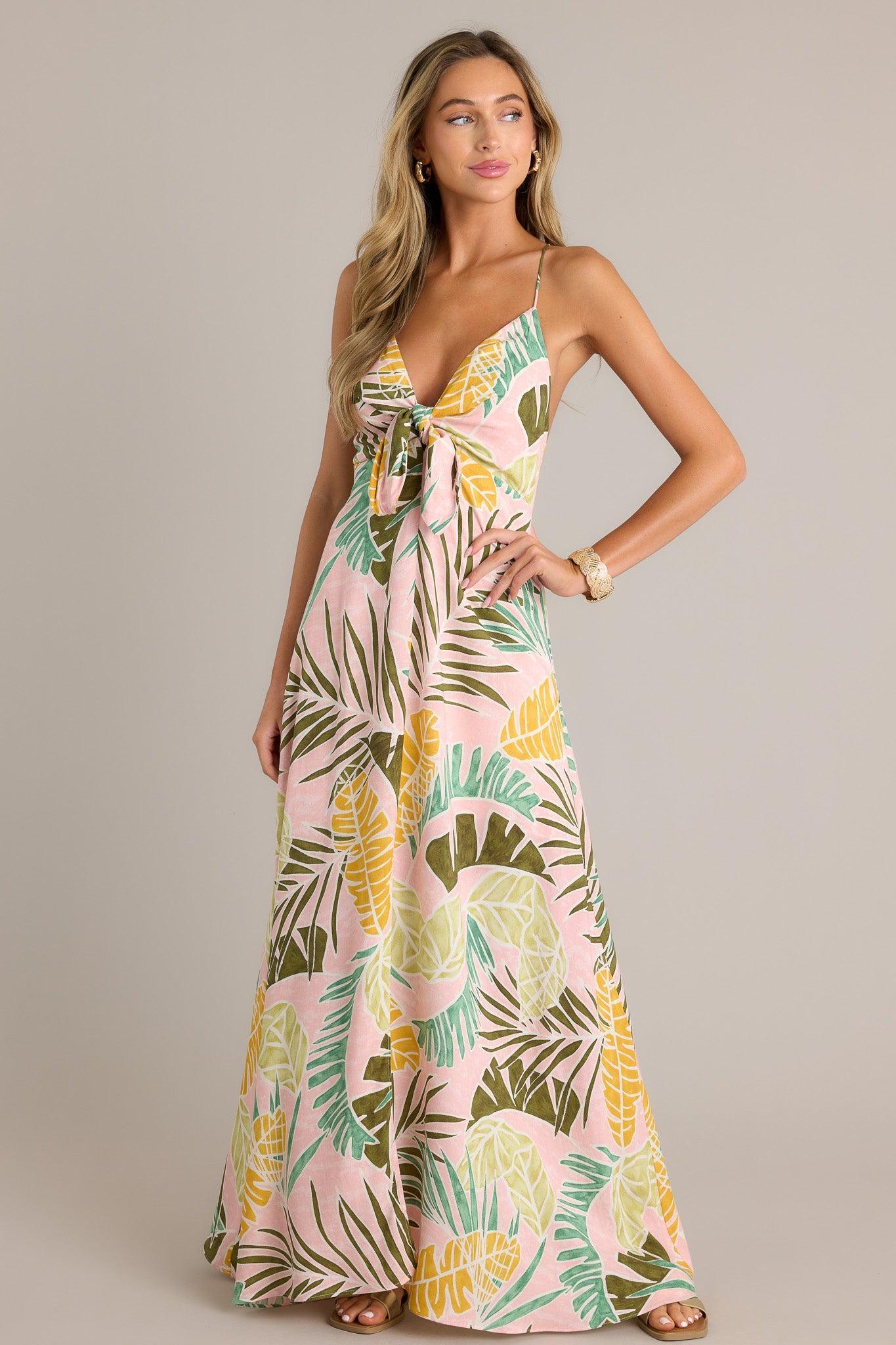 Palm Haven Light Pink Tropical Print Maxi Dress Product Image