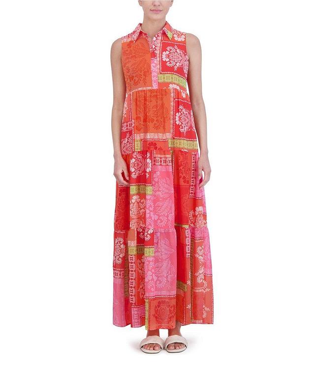 Jessica Howard Petite Size Sleeveless Collared Neck Patchwork Print Maxi Dress Product Image