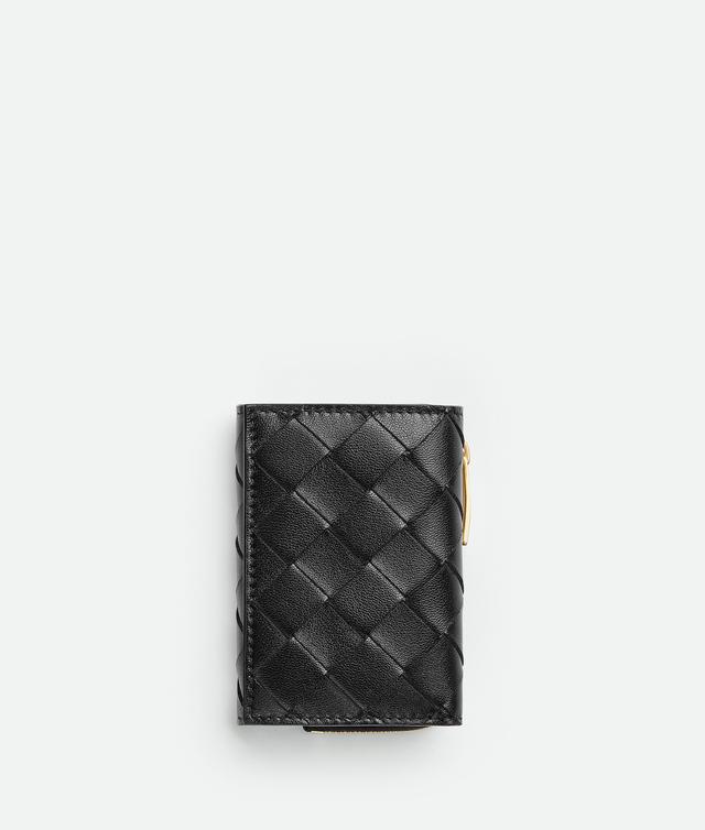 Women's Small Intrecciato Tri-Fold Zip Wallet in Black Product Image