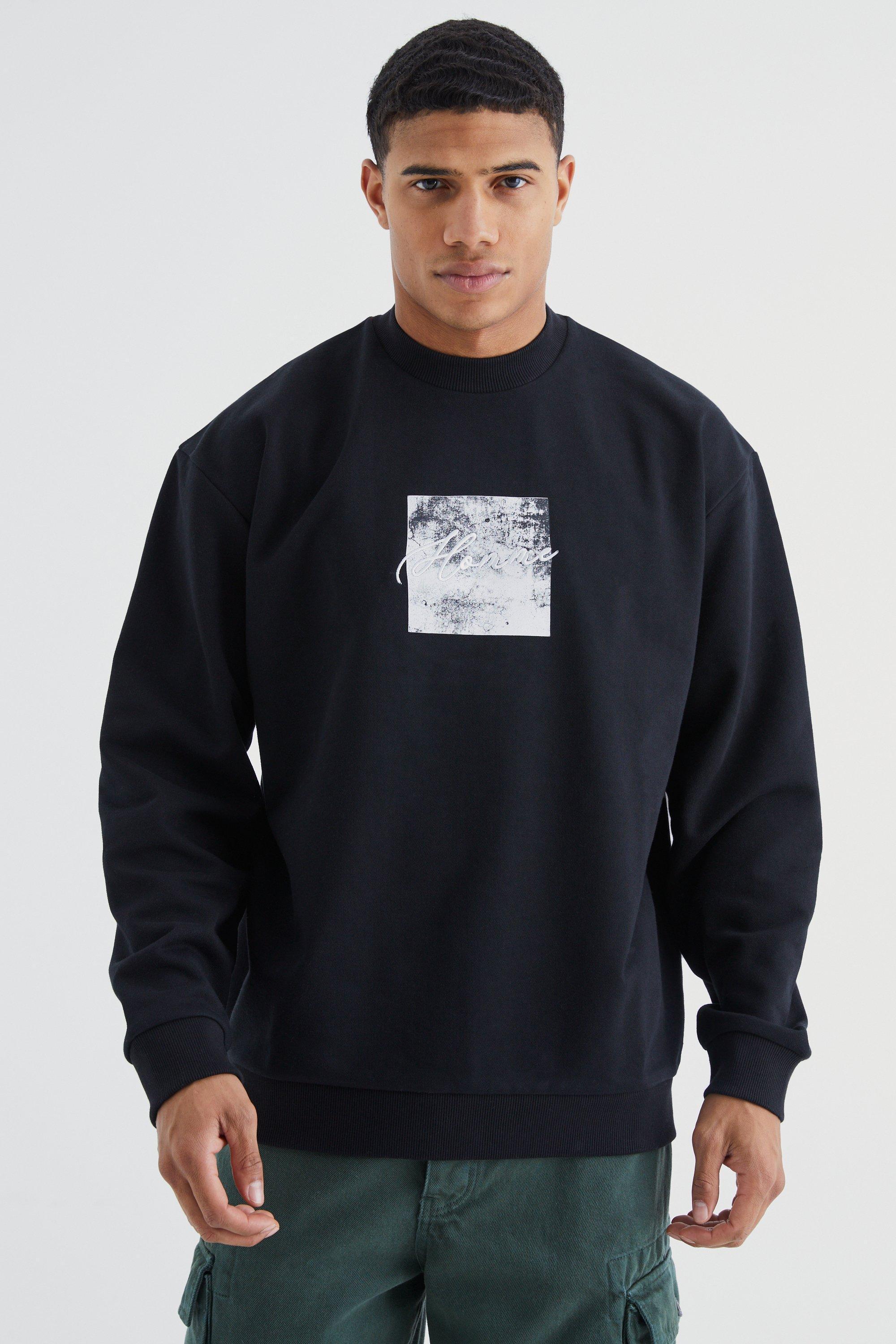 Mens Black Oversized Heavyweight Homme Embroidered Sweatshirt, Black Product Image