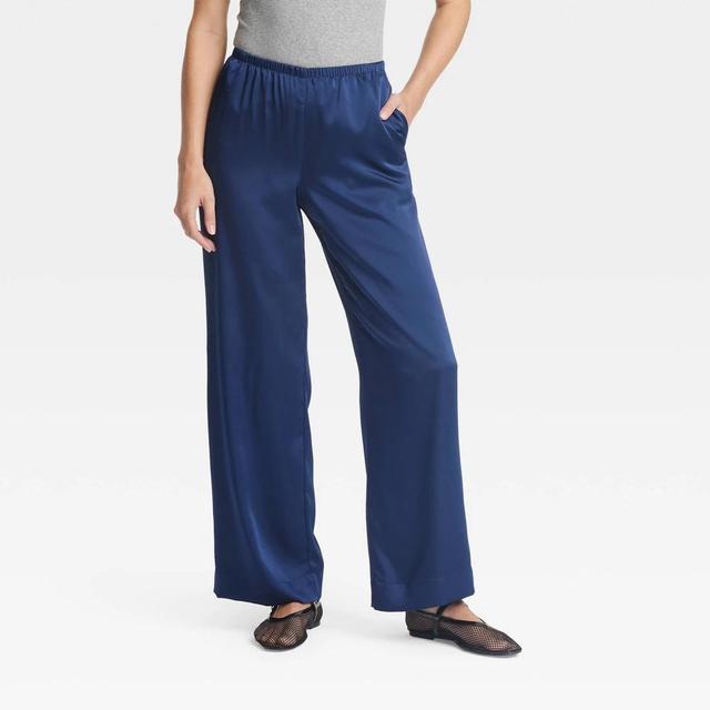 Womens Mid-Rise Satin Pull-On Pants - A New Day Navy XS Product Image