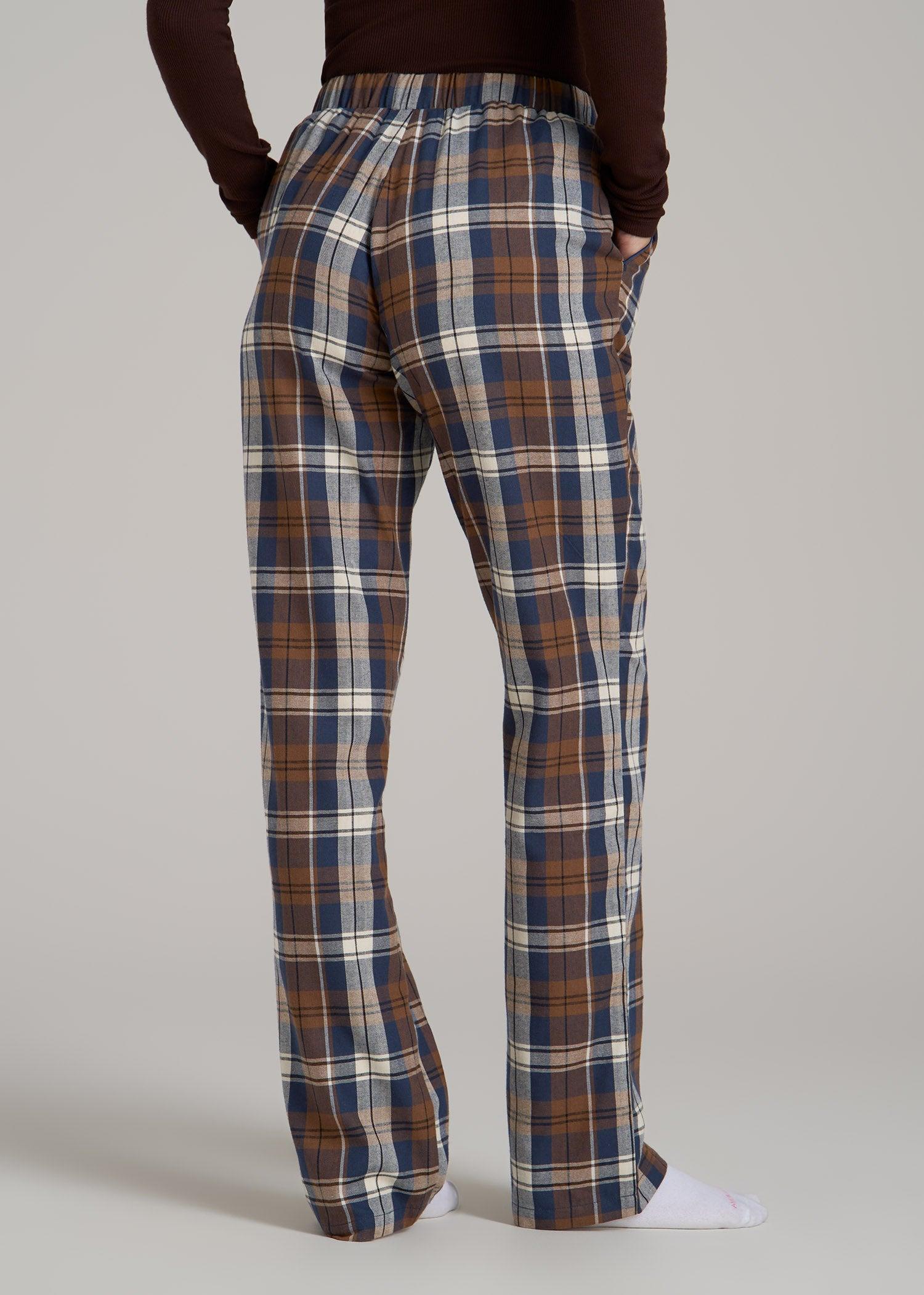 Open-Bottom Flannel Women's Tall Pajama Pants in Brown Blue Plaid Product Image