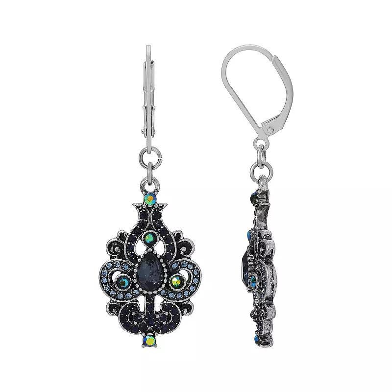 1928 Silver Tone Blue Aurora Borealis Crystal Oxidized Filigree Drop Earrings, Womens Product Image