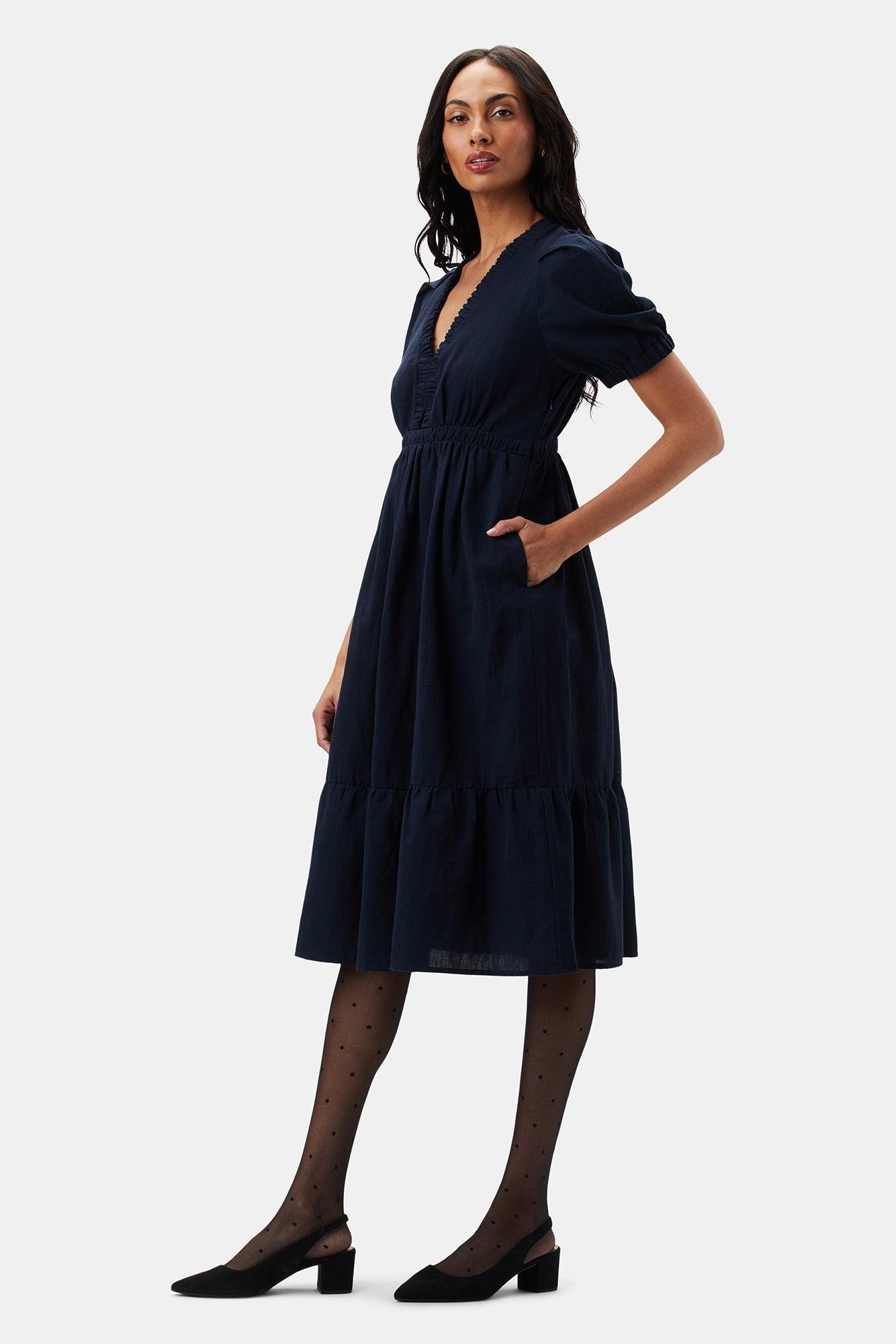 Danielle Cotton Linen Dress - Navy Blue Product Image