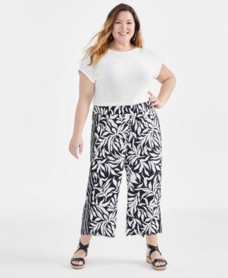 Plus Size Linen-Blend Printed Wide-Leg Cropped Pants, Created for Macy's  Product Image