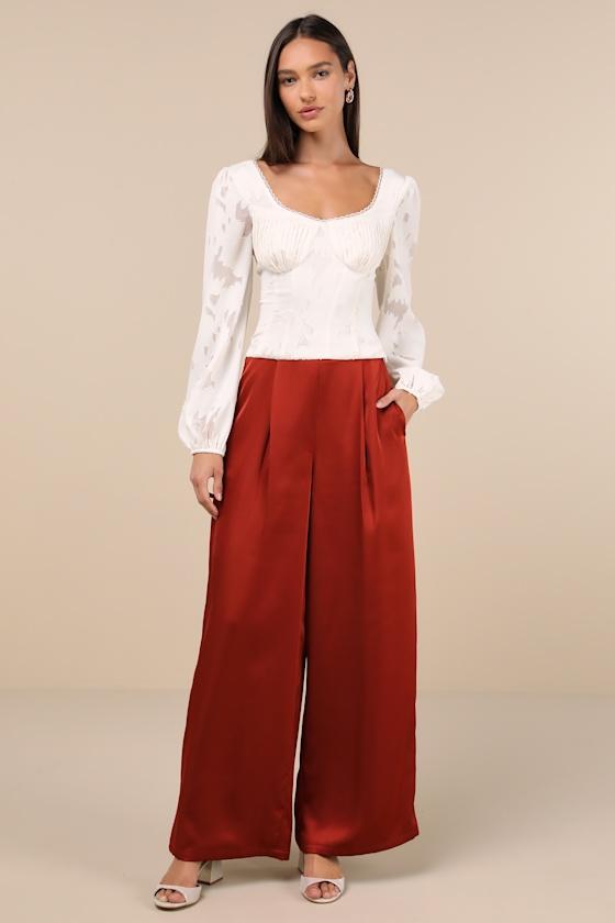 Stunning Chicness Rust Red Satin High-Rise Wide-Leg Pants Product Image