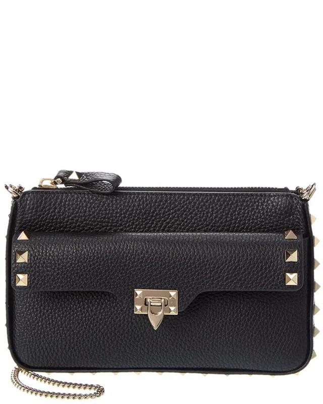 VALENTINO GARAVANI Rockstud Grainy Leather Wallet On Chain In Black Product Image