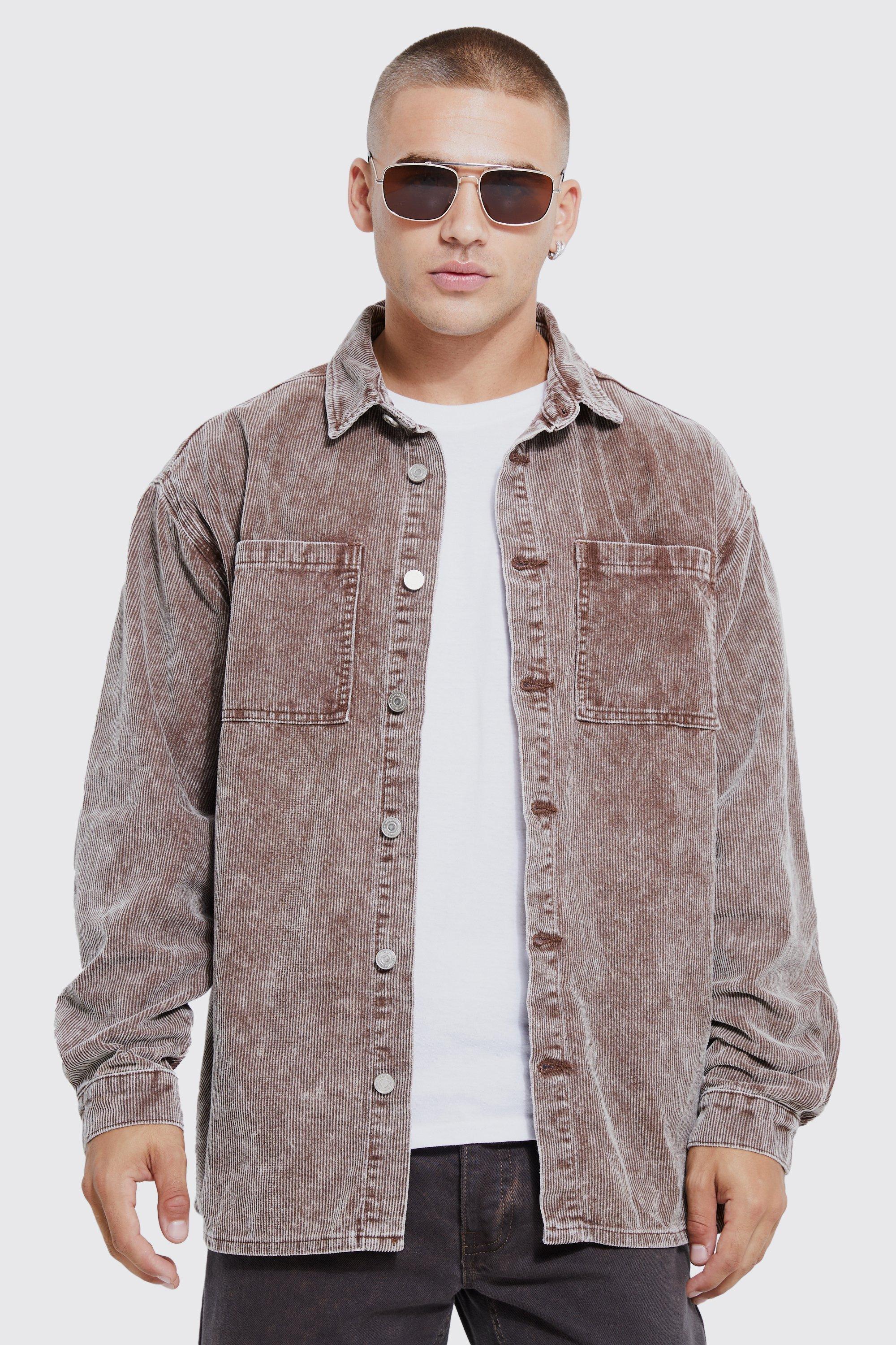 Oversized Long Sleeve Acid Wash Corduroy Shirt | boohooMAN USA Product Image