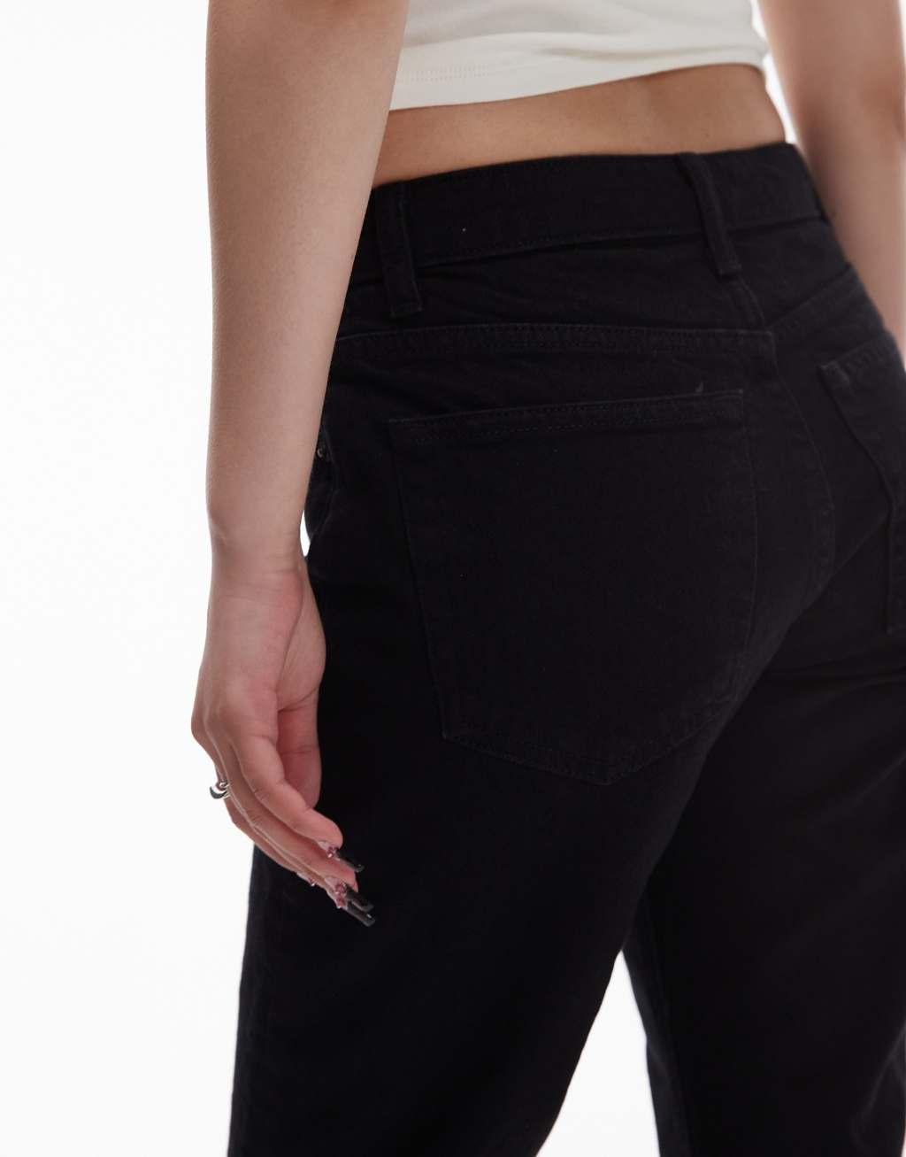 Topshop Petite cropped mid rise straight jeans with raw hems in black Product Image