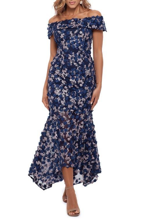 Xscape Raised Flower Off the Shoulder Flounce Midi Gown Product Image