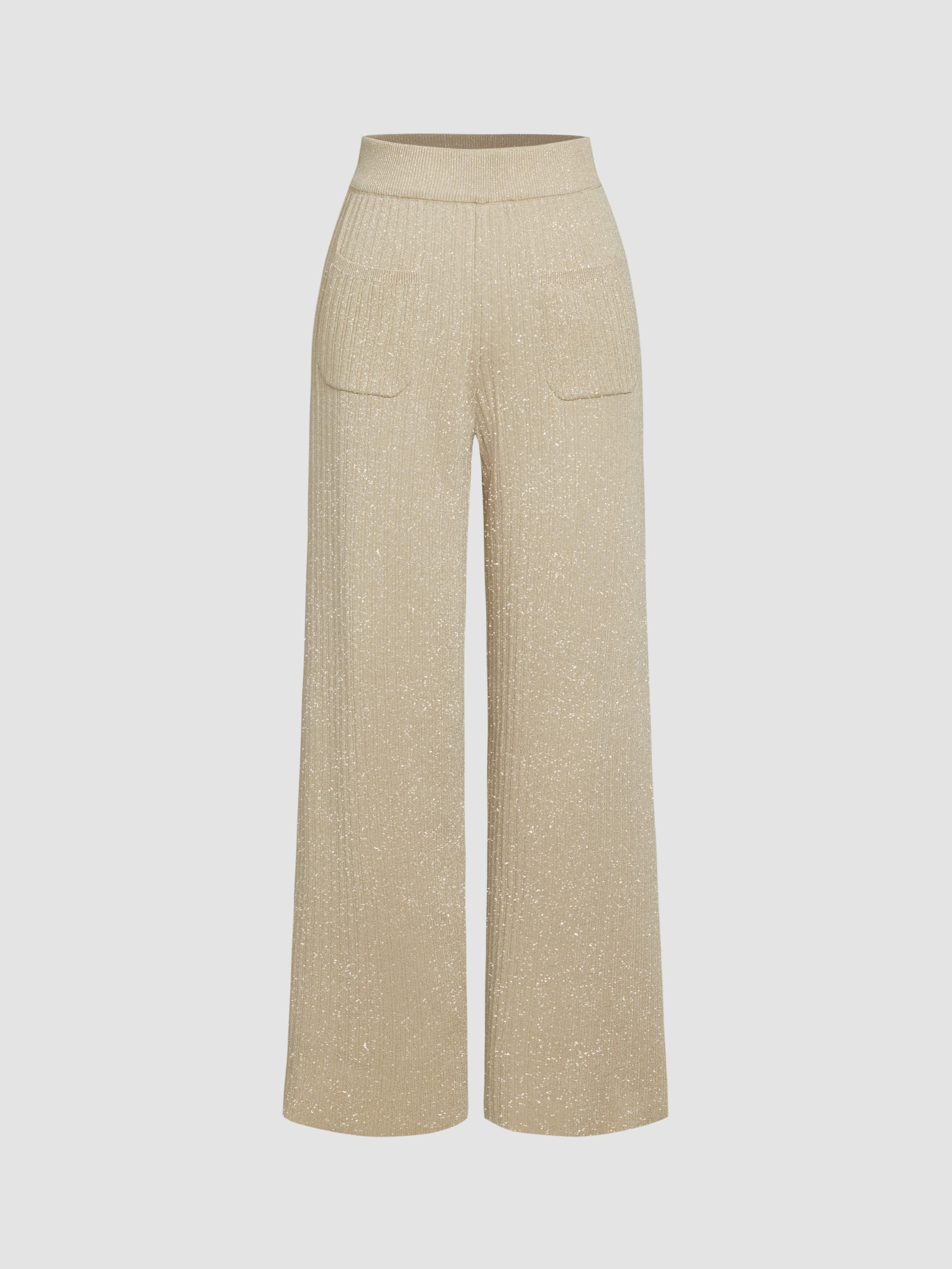 Wool-blend Metallic Mid Waist Pocket Wide Leg Knitted Trousers Product Image