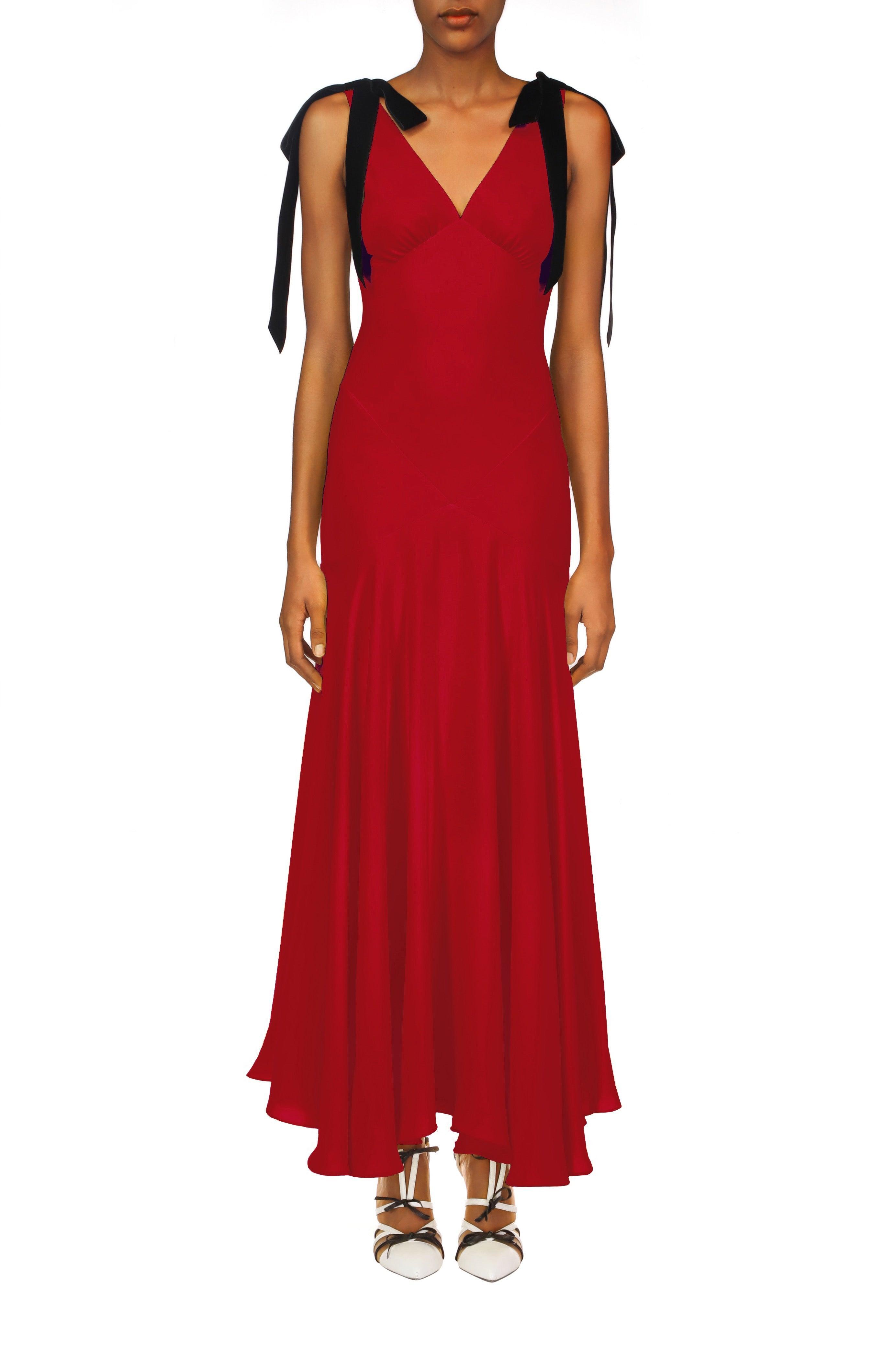 Crimson Silk Crepe Bias Dress With Black Velvet Ribbon Bow Detail Product Image