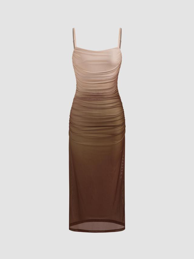 Mesh Square Neck Gradient Ruched Maxi Dress Product Image