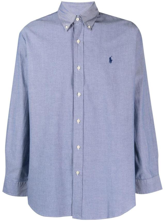 Logo-embroidered Cotton Shirt In Blue Product Image