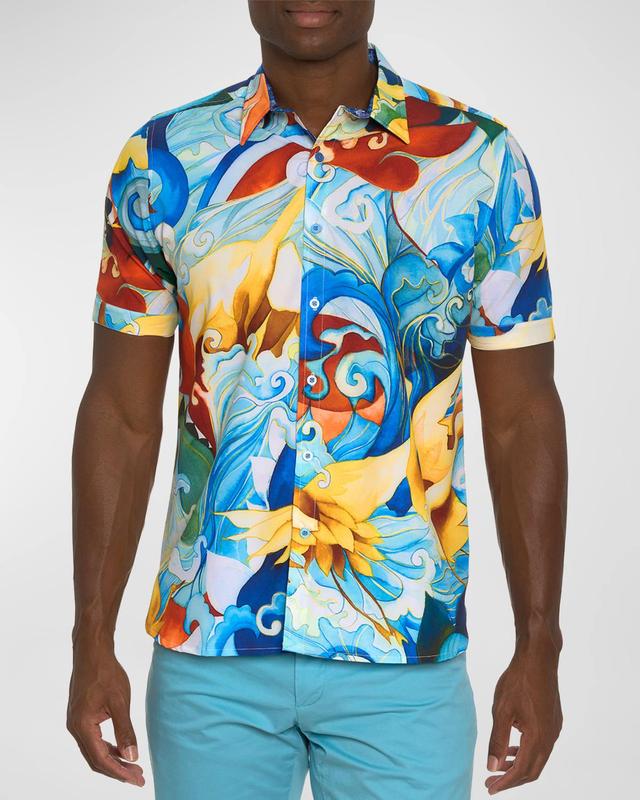 Robert Graham Goldie Abstract Print Short Sleeve Button-Up Performance Shirt in Blue Multi at Nordstrom, Size Large Product Image