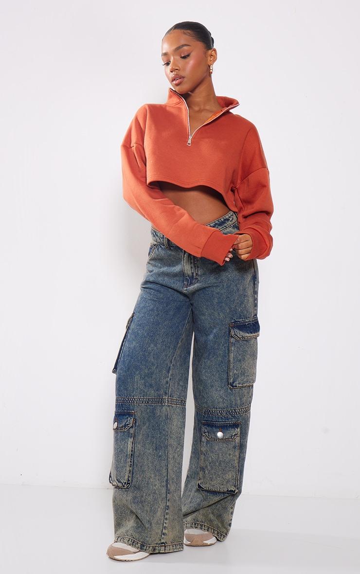 Rust High Neck Zip Up Cropped Sweatshirt Product Image