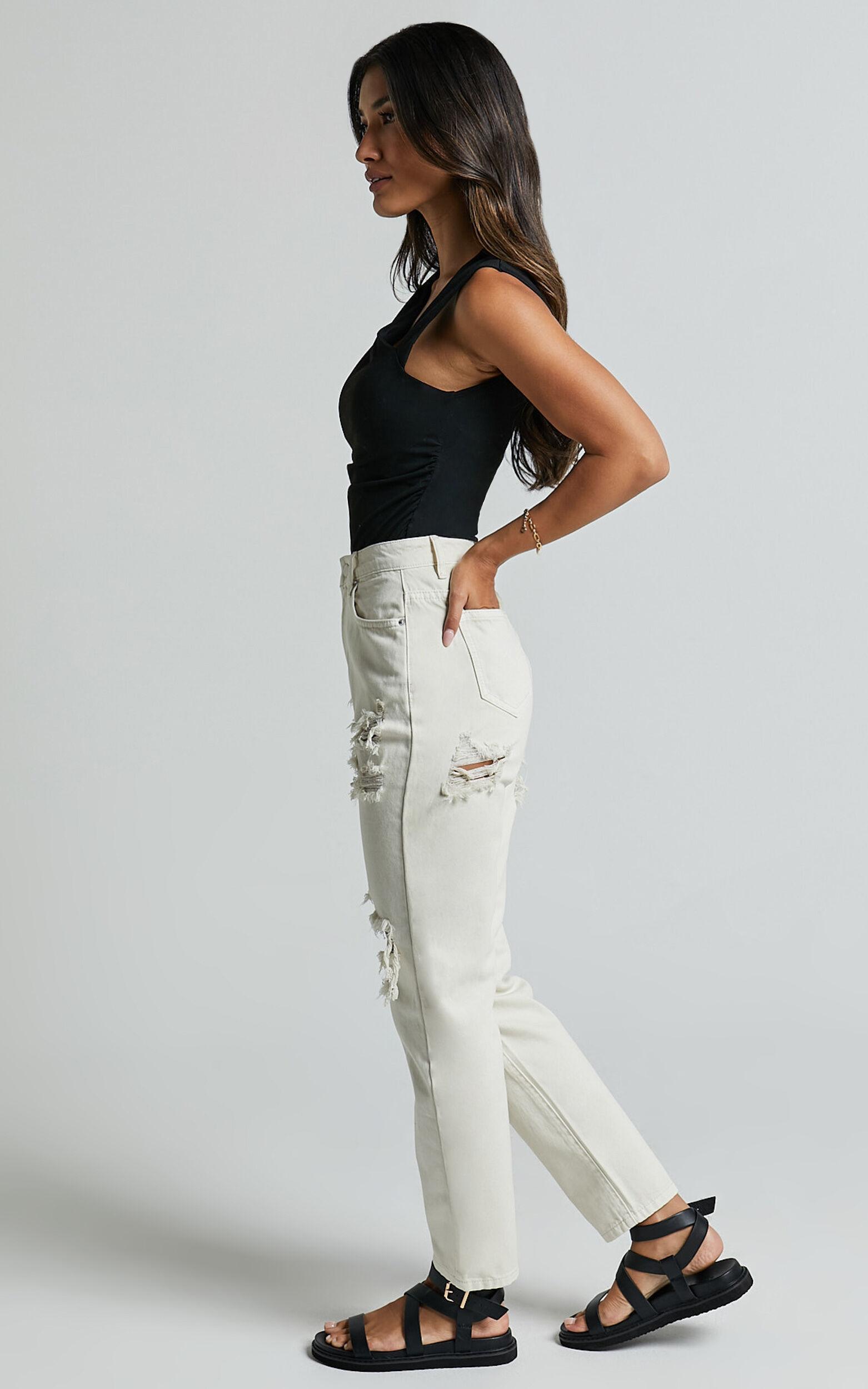 Billie Jeans - High Waisted Cotton Distressed Mom Denim Jeans in Ecru Product Image