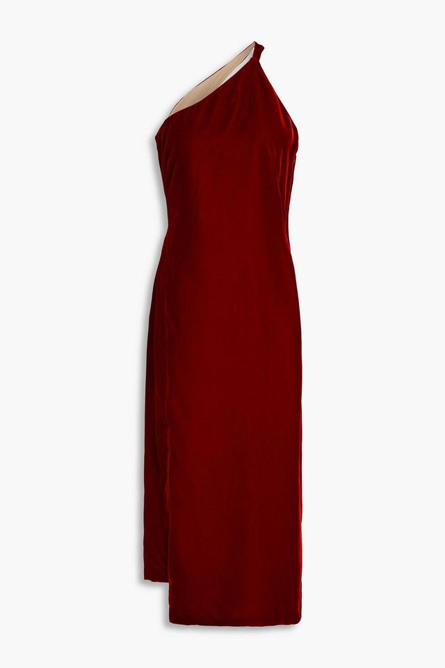 One-shoulder Cutout Velvet Midi Dress In Burgundy Product Image