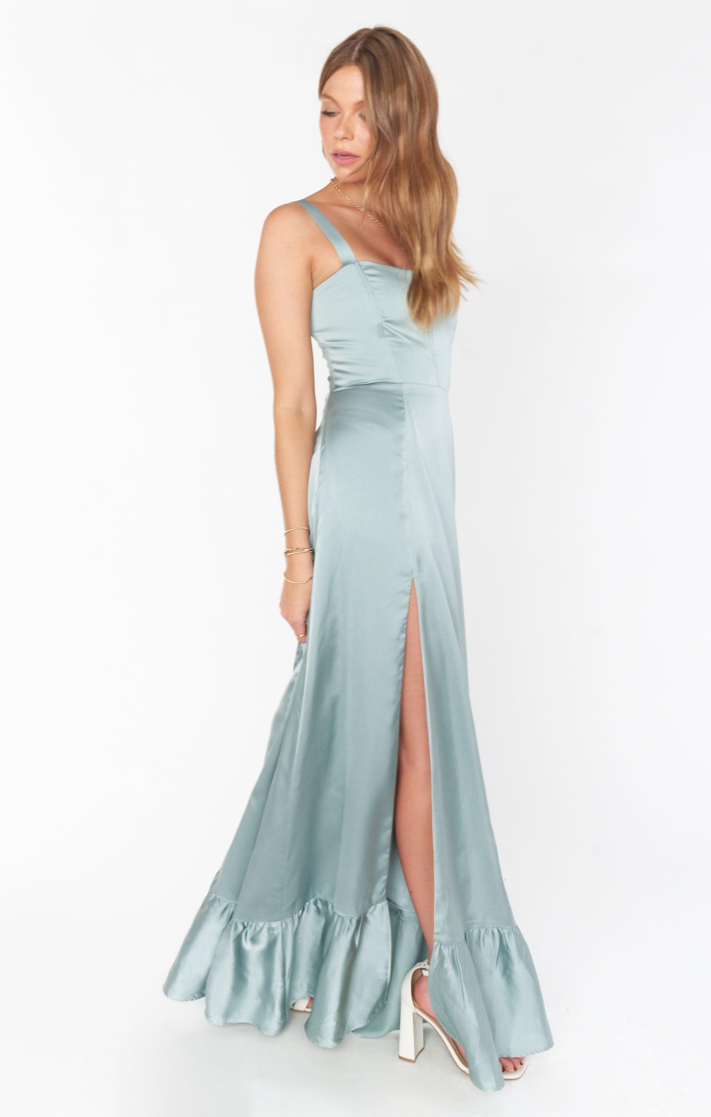 Clarissa Corset Dress ~ Silver Sage Luxe Satin Product Image