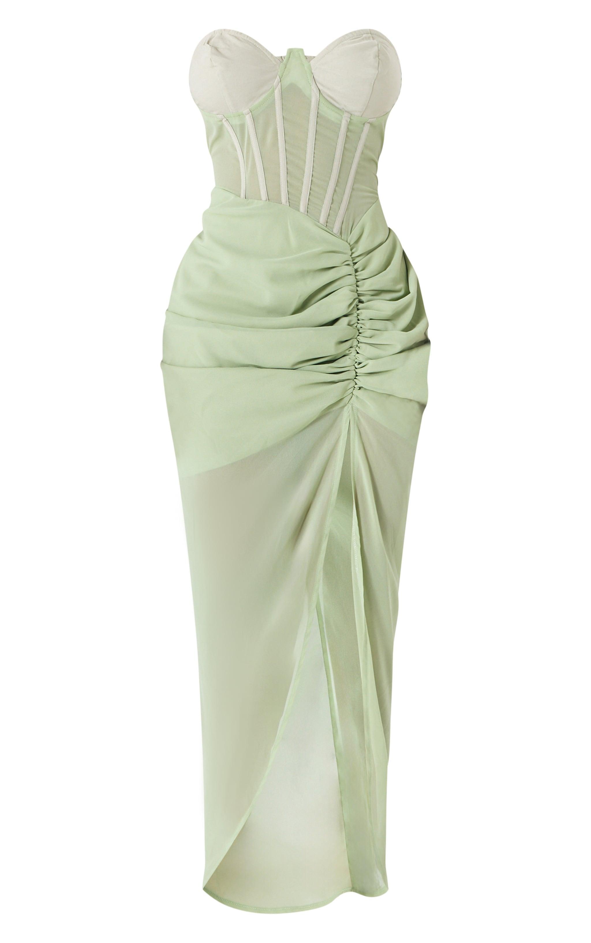 Shape Sage Green Corset Detail Sleeveless Ruched Midi Dress Product Image