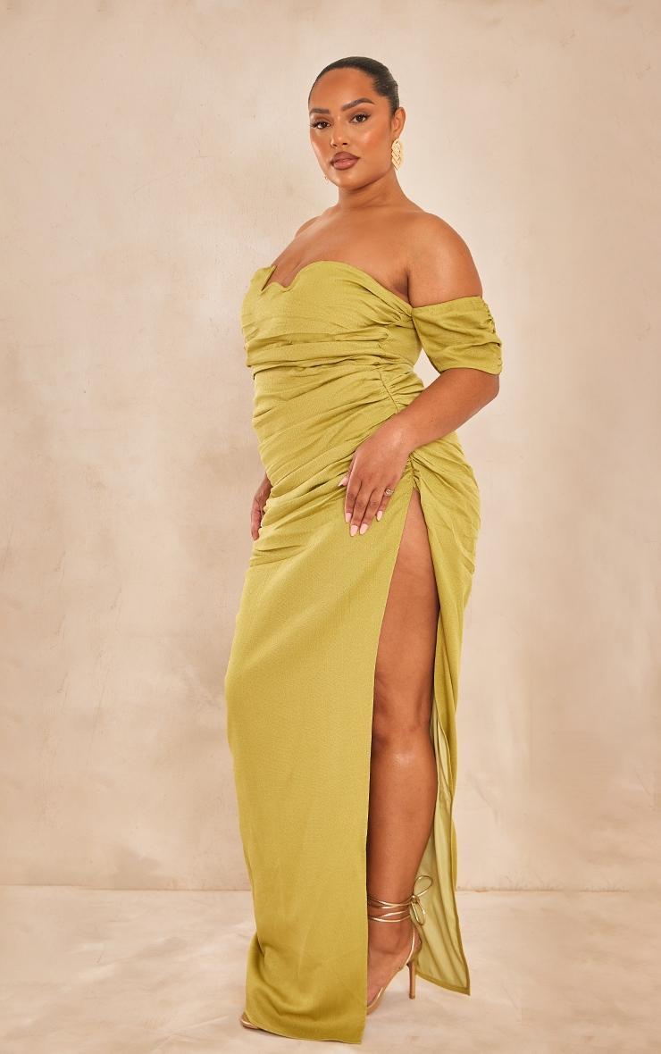 Plus Olive Textured Bardot Underwired Ruched Maxi Dress Product Image