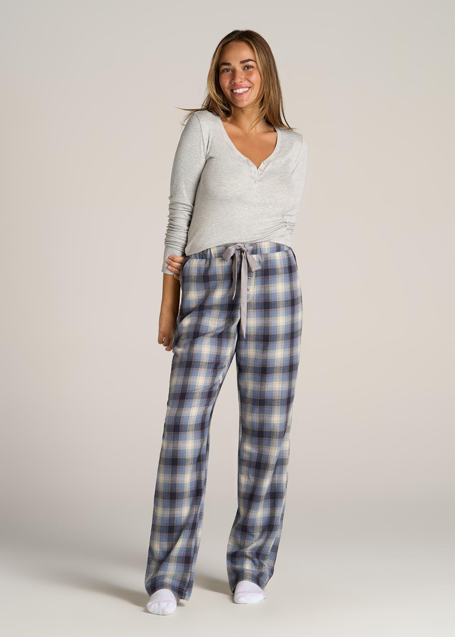 Open-Bottom Flannel Women's Tall Pajama Pants in Blue and Grey Weave Female Product Image