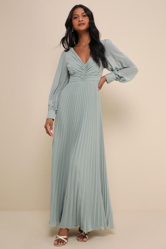 Sophisticated Grace Sage Green Pleated Long Sleeve Maxi Dress Product Image