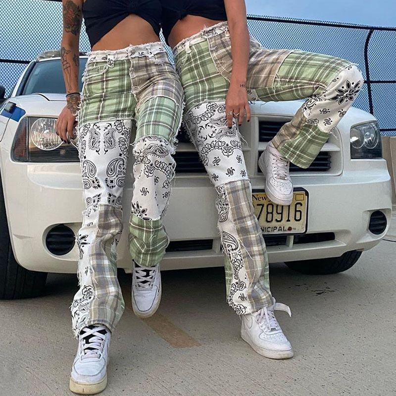 Plaid Panel Straight Leg Pants Product Image