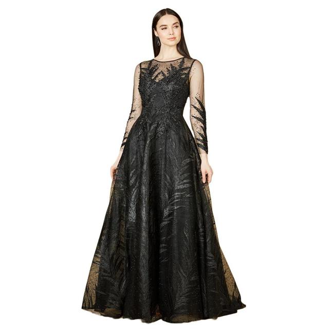 Lara Womens High Neck Sheer Long Sleeve Embellished Gown Product Image