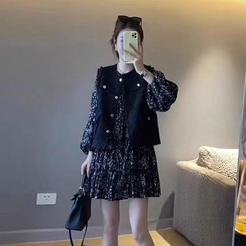 Long-Sleeve Floral Tiered Mini A-Line Dress Product Image