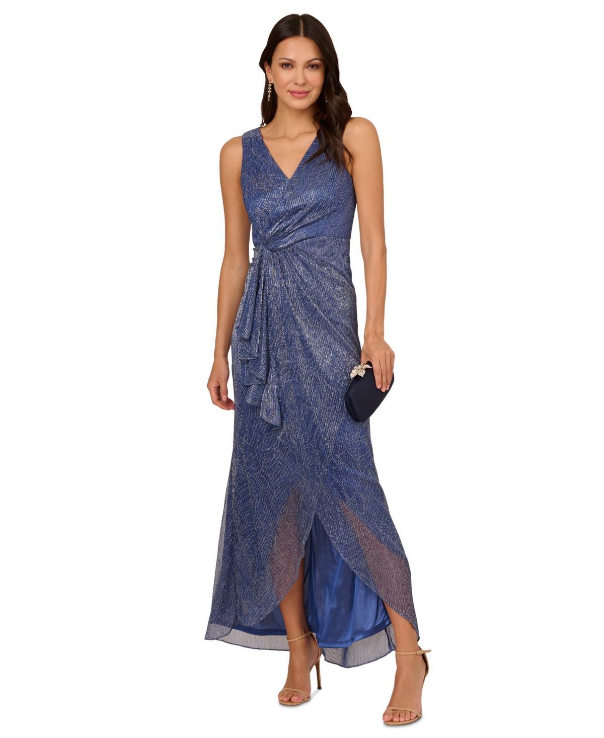 Adrianna Papell Womens Metallic Ruffled Sleeveless Faux-Wrap Gown Product Image