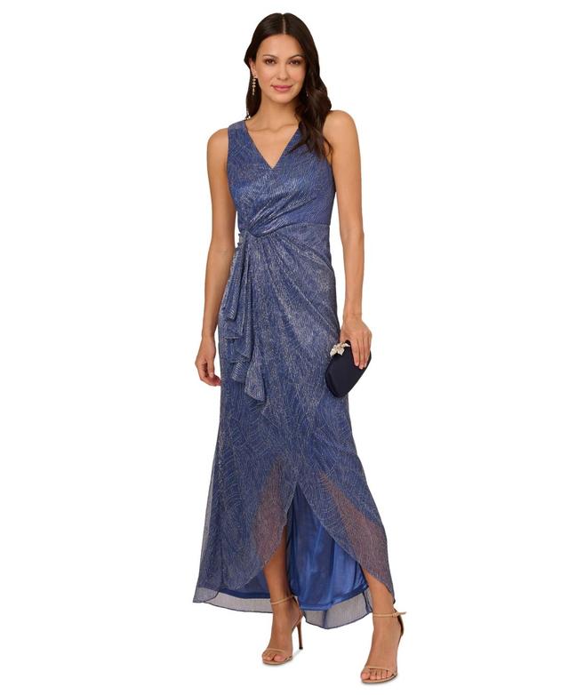 Adrianna Papell Womens Metallic Ruffled Sleeveless Faux-Wrap Gown Product Image