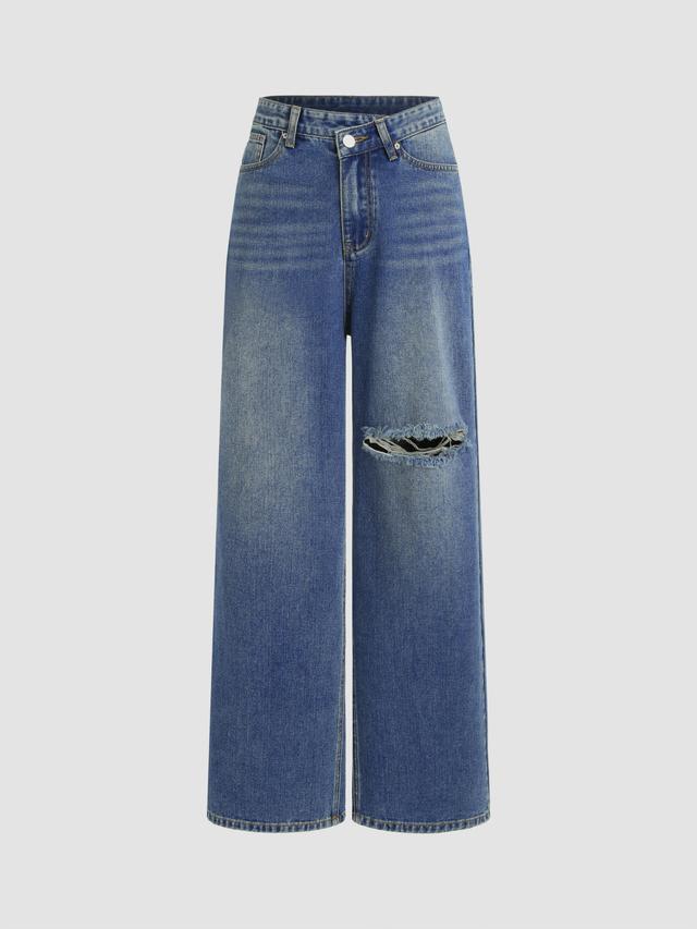 Denim Mid Rise Ripped Straight Leg Jeans Product Image