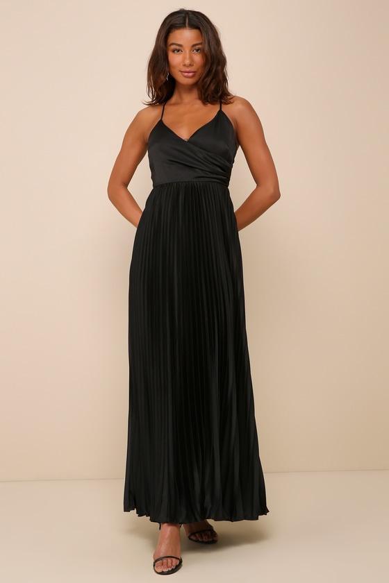 Precious Sentiments Black Satin Pleated Tie-Back Maxi Dress Product Image