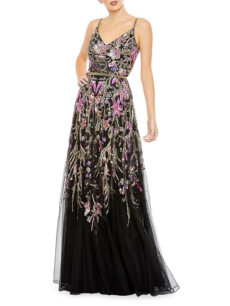 Womens V Neck Floral Embellished Spaghetti Strap Gown Product Image