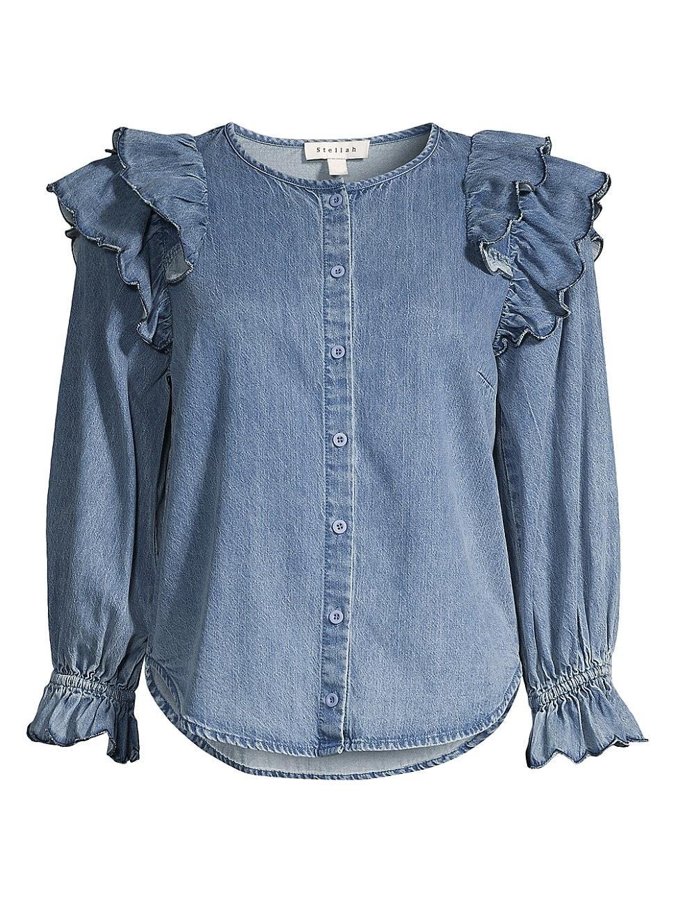 Womens Denim Ruffle Long Sleeve Top Product Image