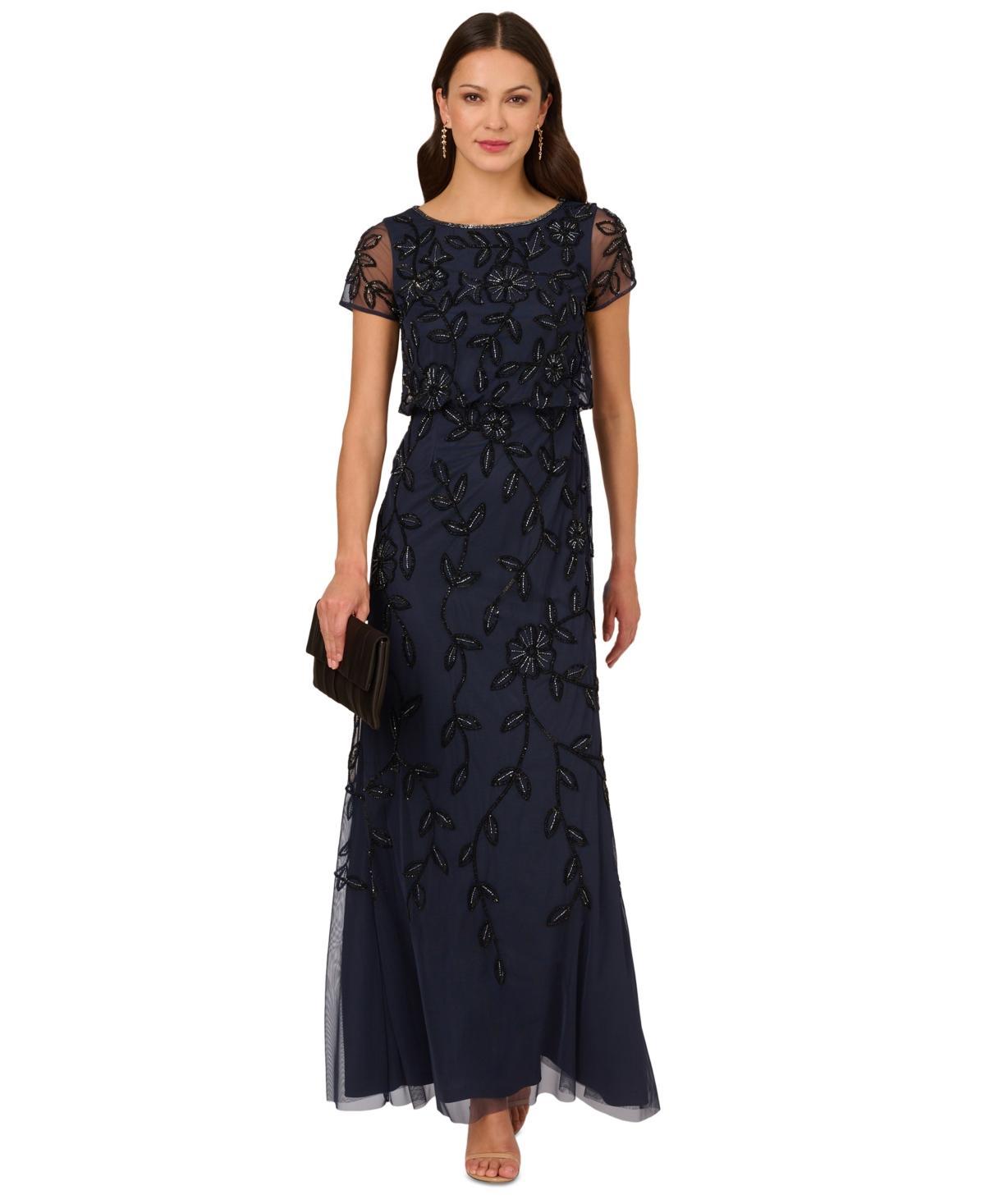 Women's Floral Bead Embellished Blouson Short-Sleeve Gown Product Image