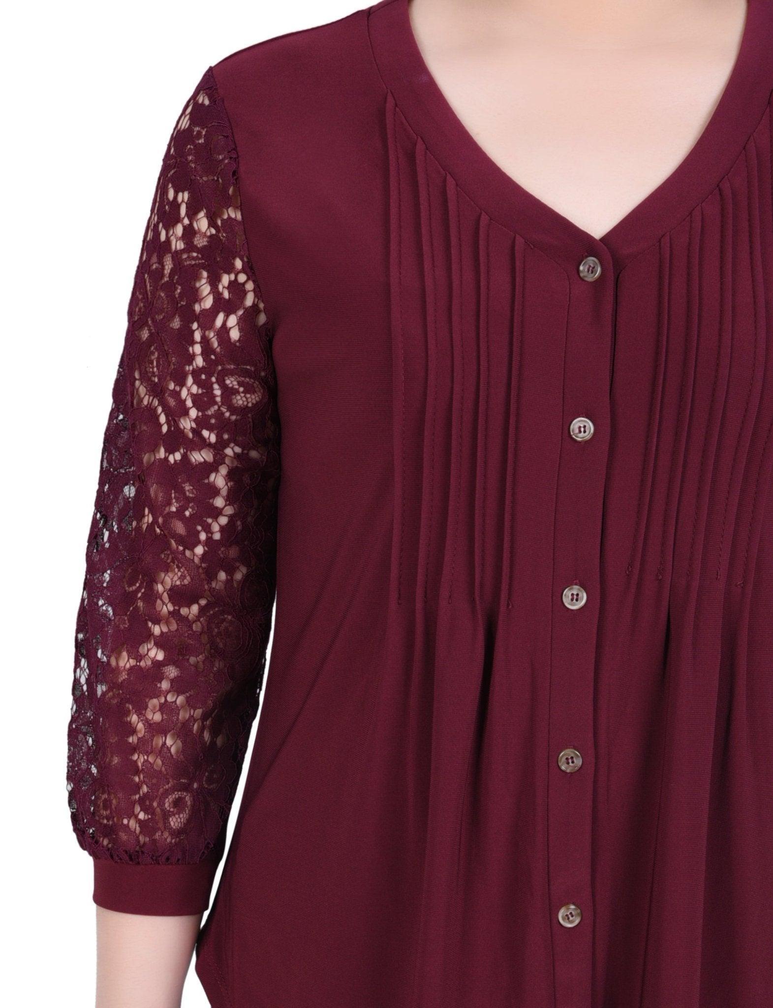 Lace-Sleeve V Neck Top - Petite Product Image