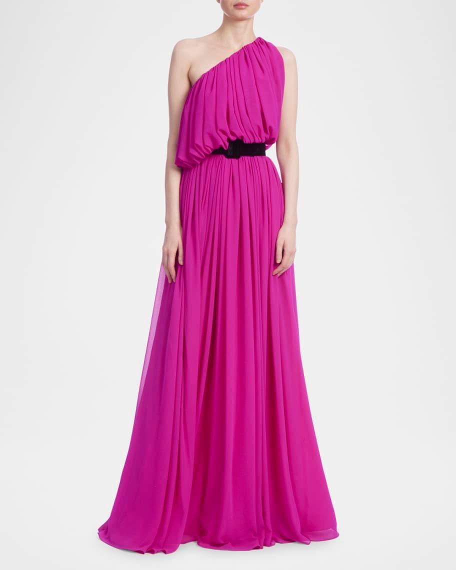 One-Shoulder Belted Georgette Gown Product Image