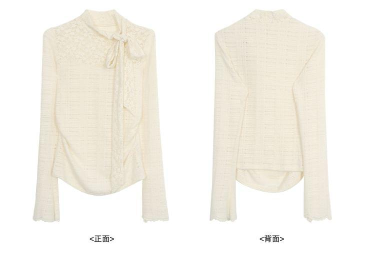 Long Sleeve Mock Neck Plain Tie-Up Panel Lace Top Product Image